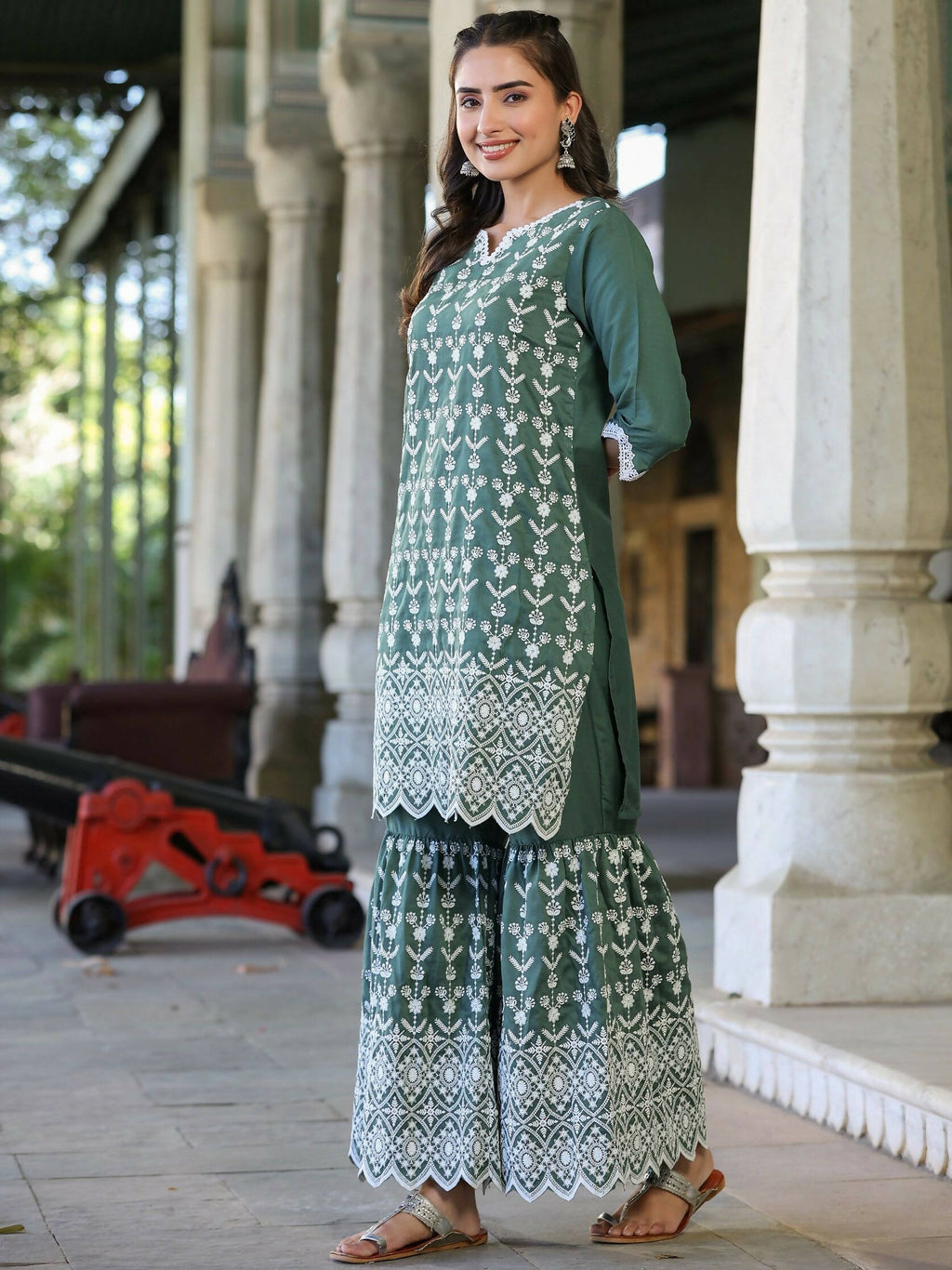 Juniper Women's Green Chinnon Embroidered Kurta Garara Set