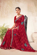 Maroon Georgette Bandhni Printed Saree With Unstitched Blouse Piece - Shanaya