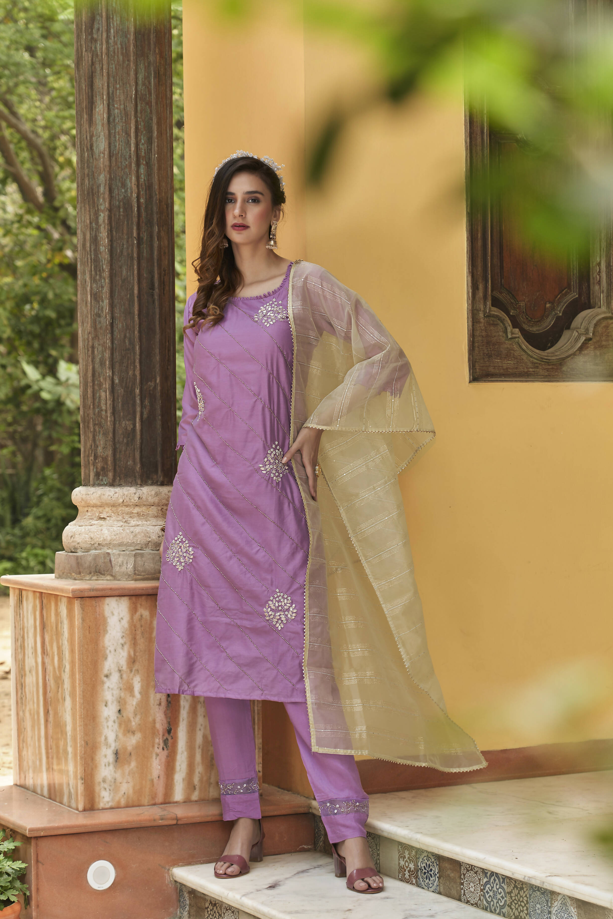Lavender Chinon Embroidered Kurta and Bottom with Dupatta - Akashara