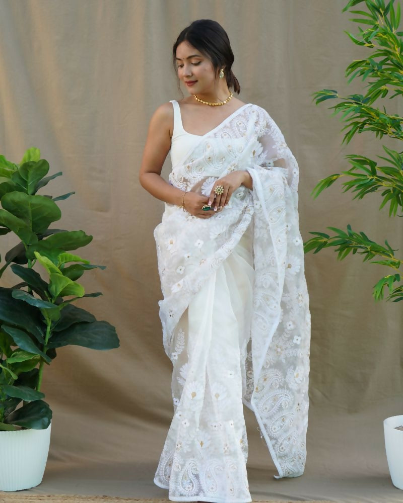 Vamsee Amisha White Organza Saree