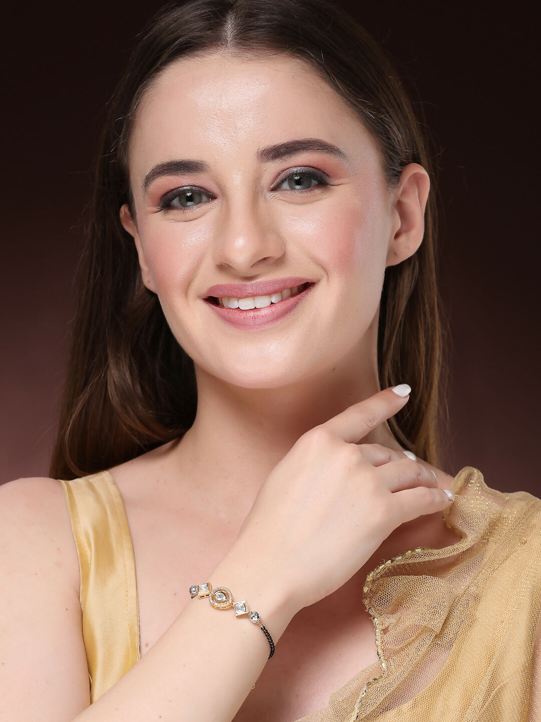 NVR Women Gold-Polished & Black Brass AD-Studded Hand Mangalsutra Link Bracelet