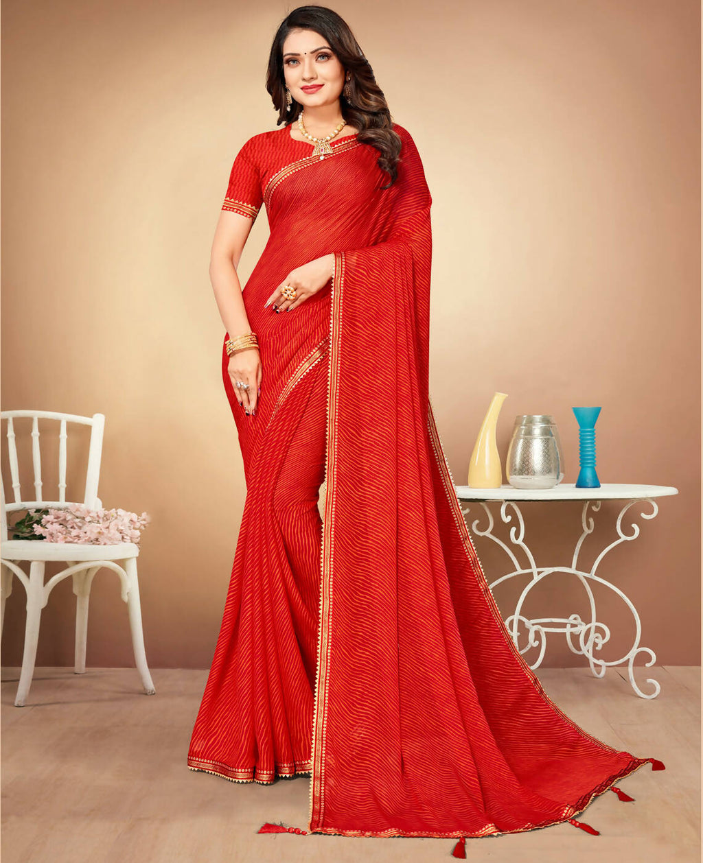 Red Chiffon Leheriya Printed Saree With Unstitched Blouse Piece - Swarna