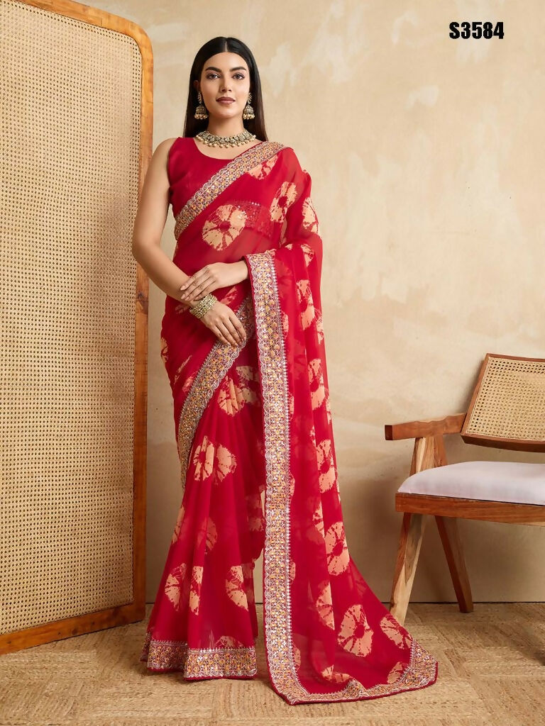 Red Georgette Printed Designer, Embroidery Work Lace Border Saree - Aarvi