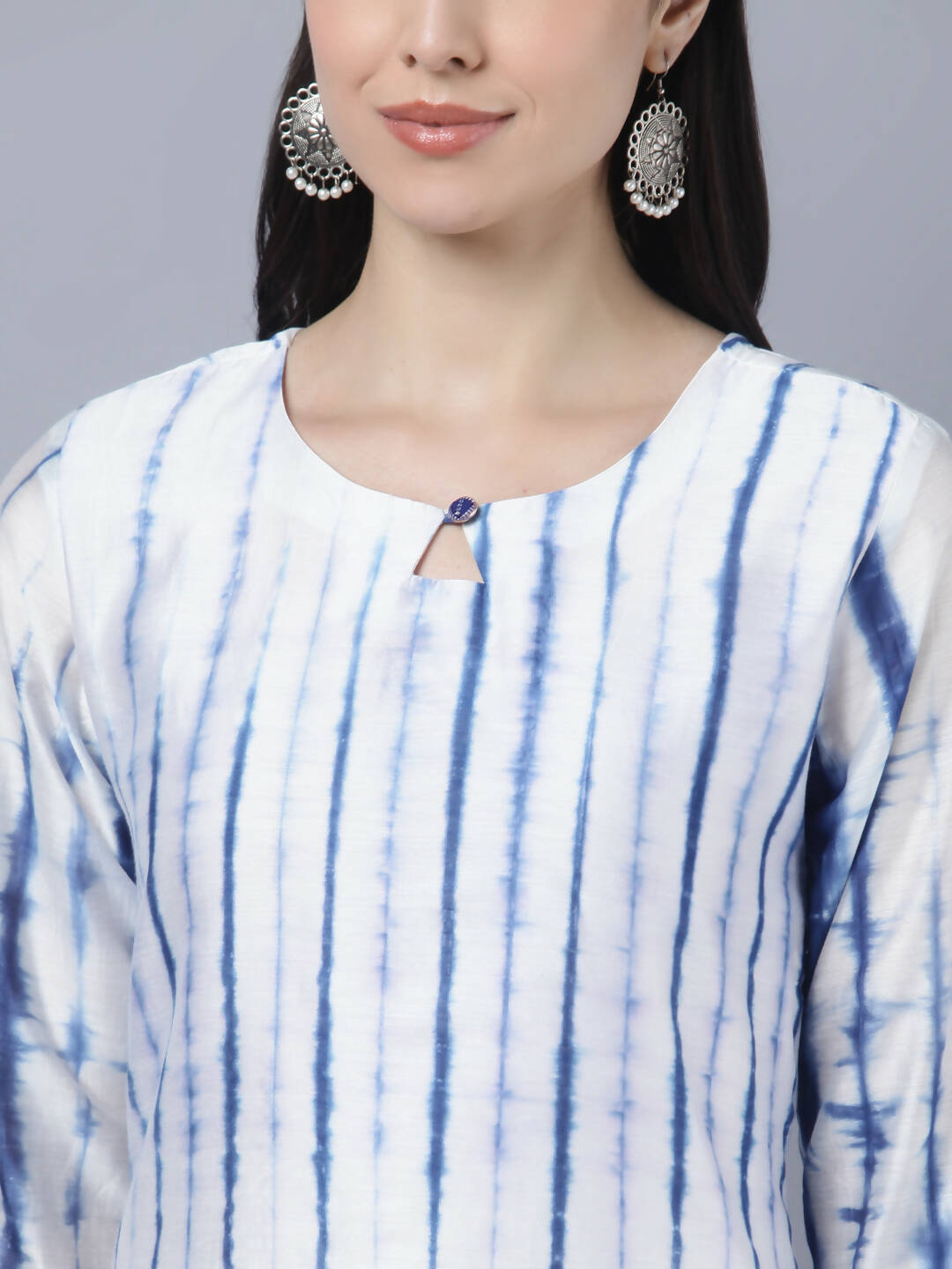 Myshka Women White Blue Tie Dyed Kurta Trousers With Dupatta Set