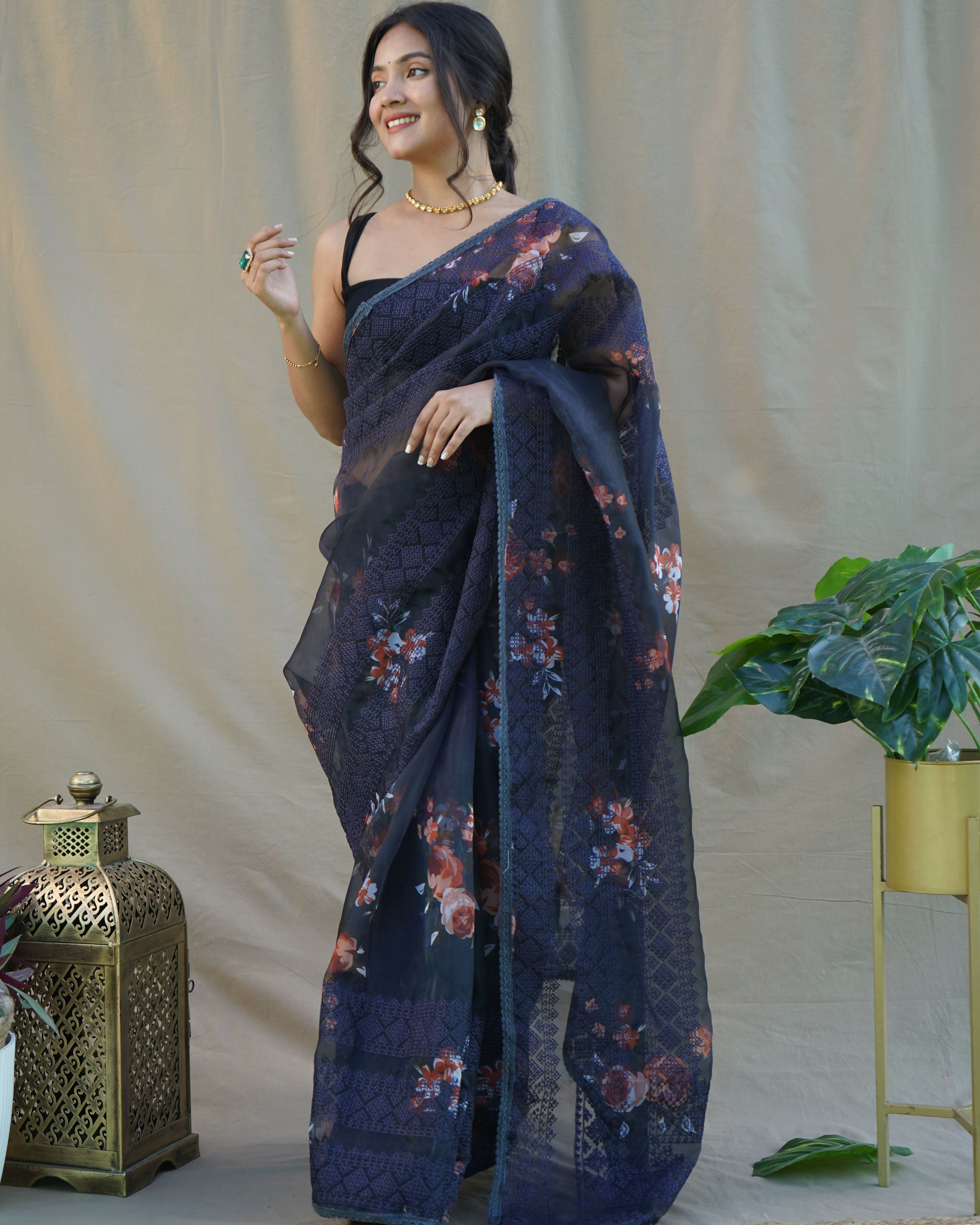 Vamsee Nitya Navy Blue Organza Saree