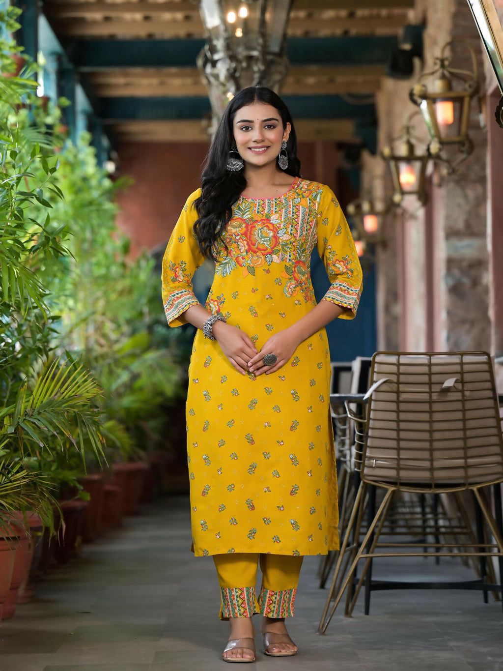 Juniper Women's Mustard Floral Printed Liva Rayon Kurta Pant And Dupatta Set With Sequins