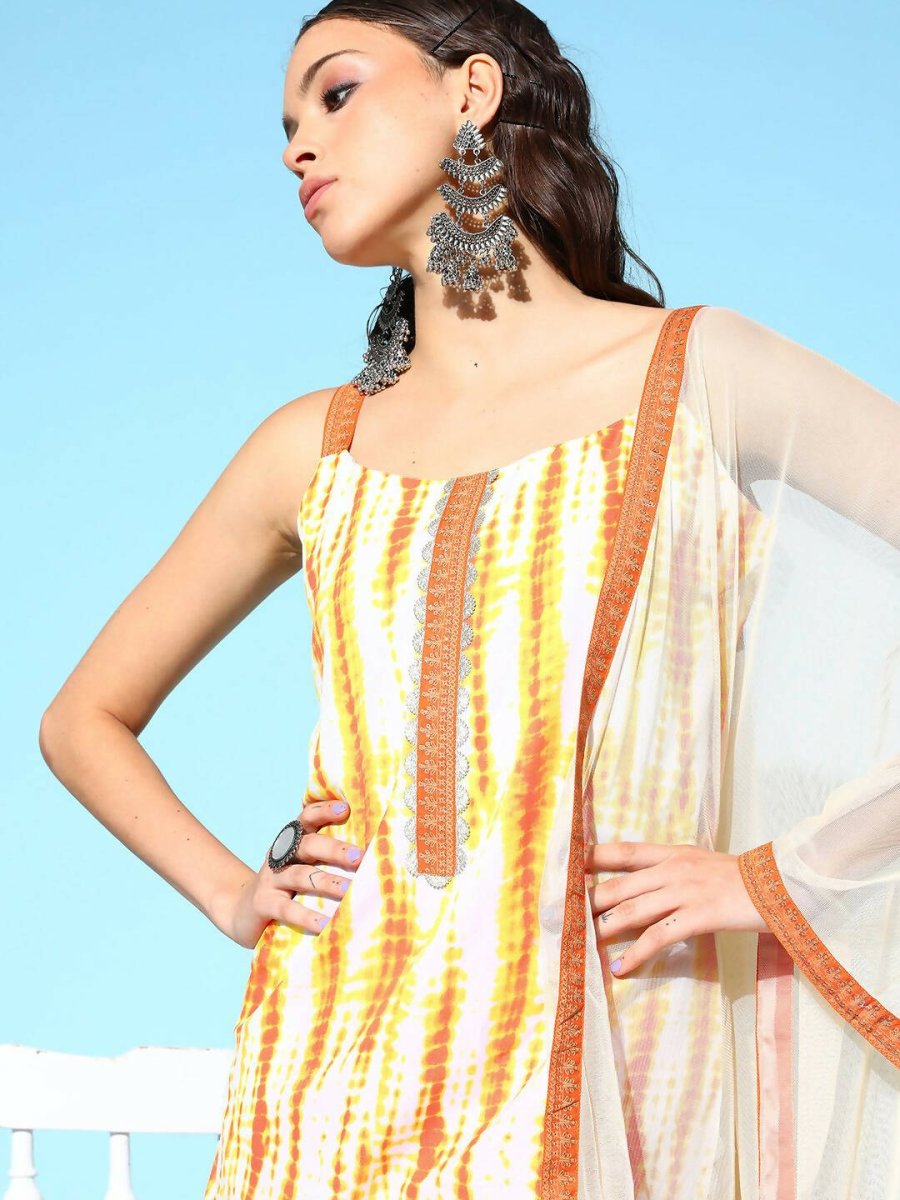 Ahalyaa Women's Orange Crepe Printed Kurta Sharara Set With Dupatta