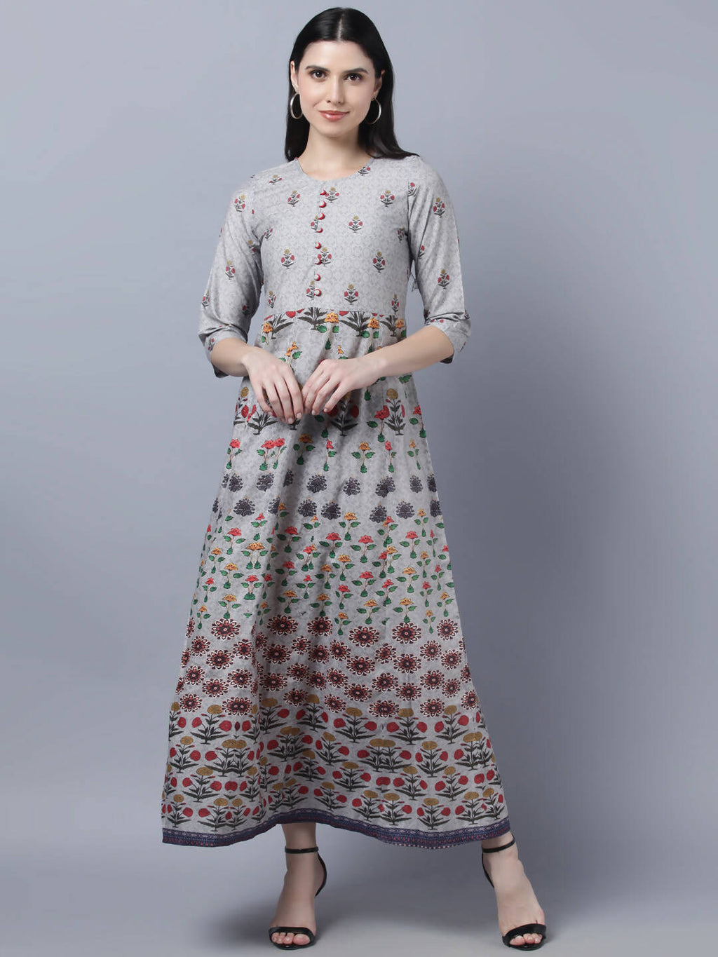 Myshka Women Grey Printed Ethnic Maxi Dress