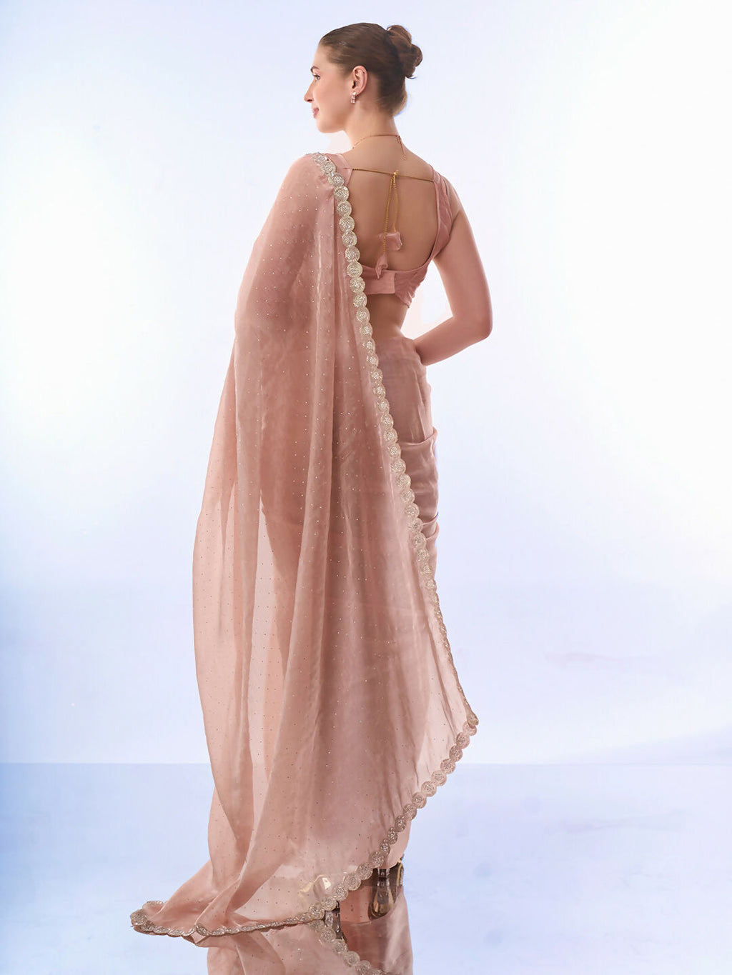 Peach Burburry Designer Work Lace Border & Swarovski Work Saree - Orchid