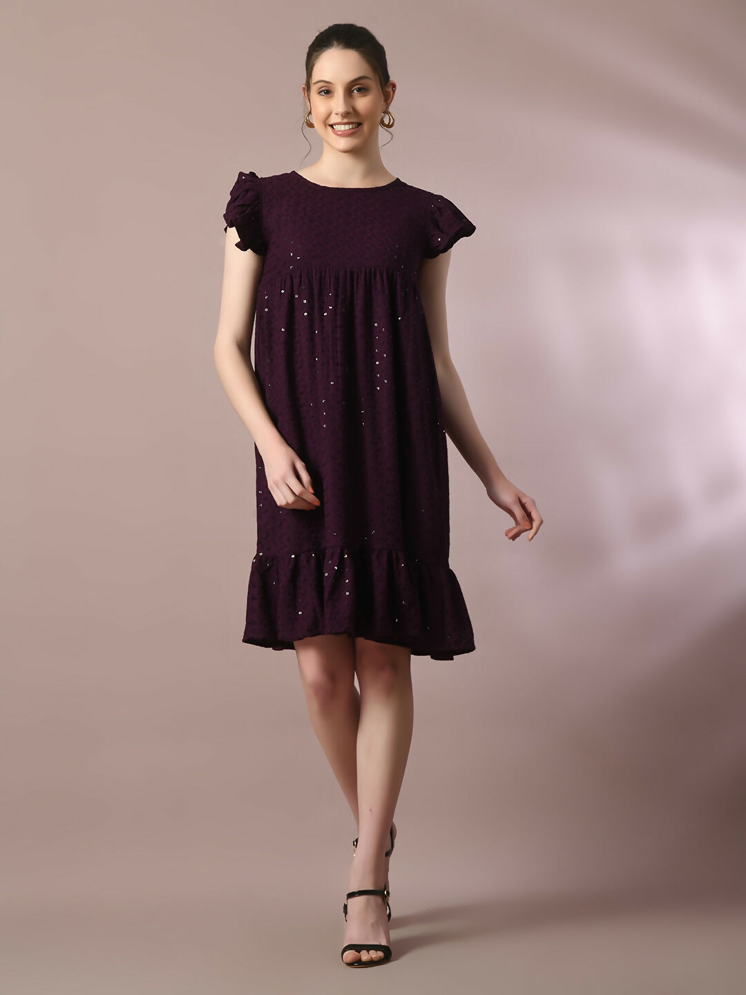 Myshka Women's Violet Embroidered Cotton Round Neck A-Line Party Dress