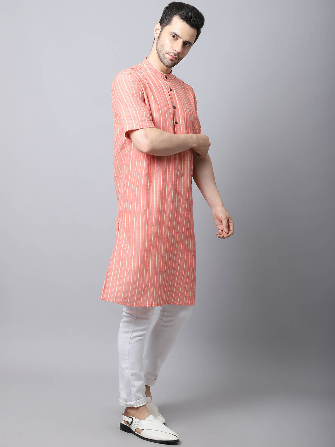 Even Apparels Beige Pure Cotton Men's Kurta With Band Collar (STR1171)