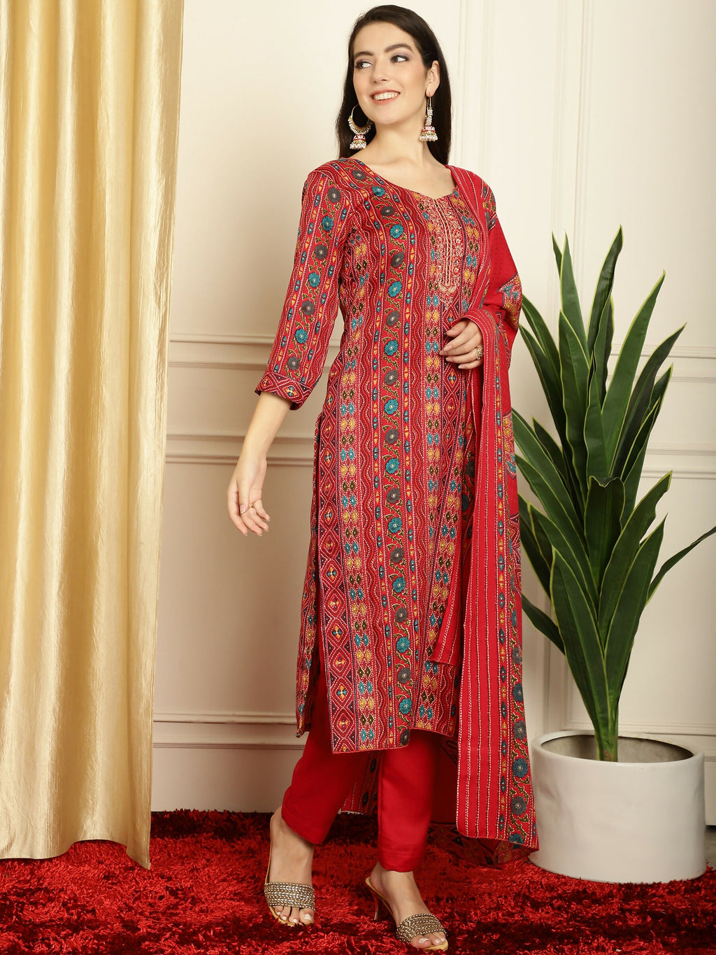 Jyoti Fashion Women's Red Pashmina Floral Digital Printed Kurta with Trouser & Dupatta