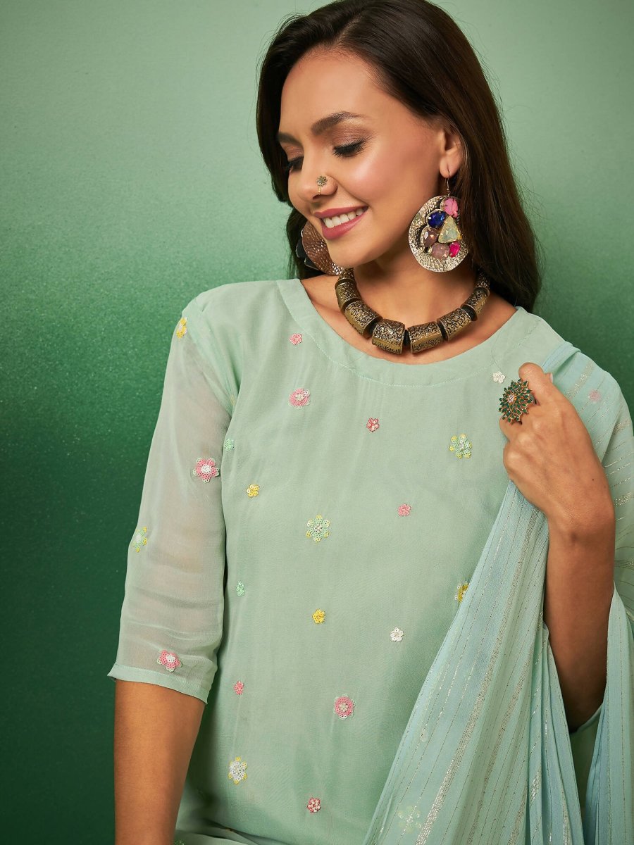 Aqua Blue Georgette Handwork Unstitched Dress Material - Hanika
