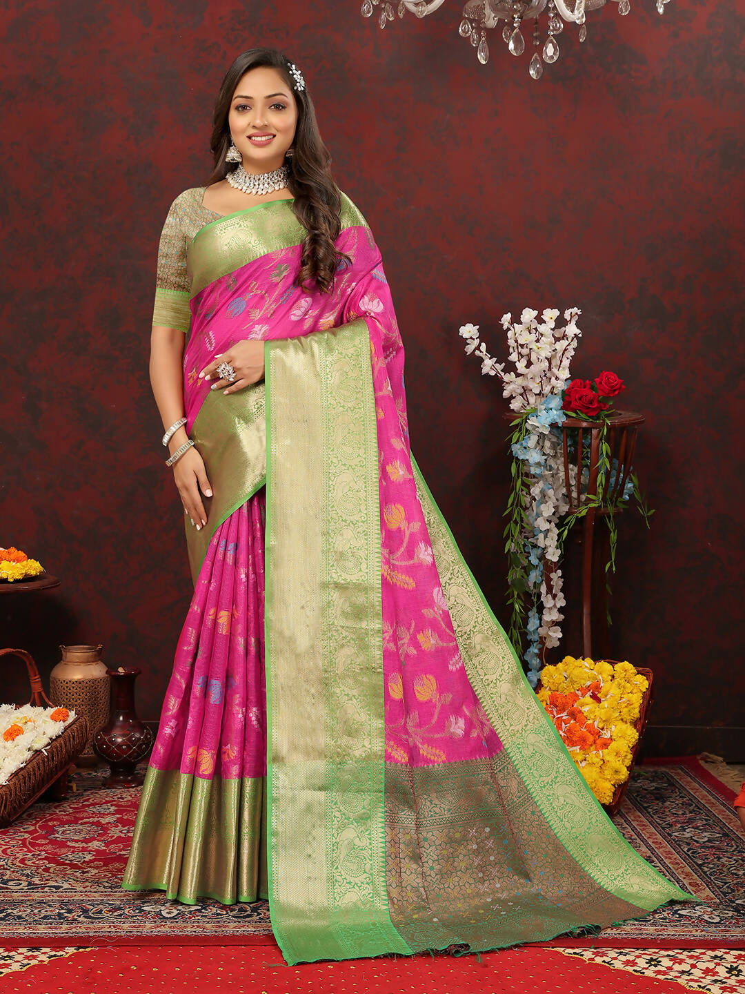 Lorenvalley Fashion Pink Cotton Woven Design Zari Meenakari Weaving Saree