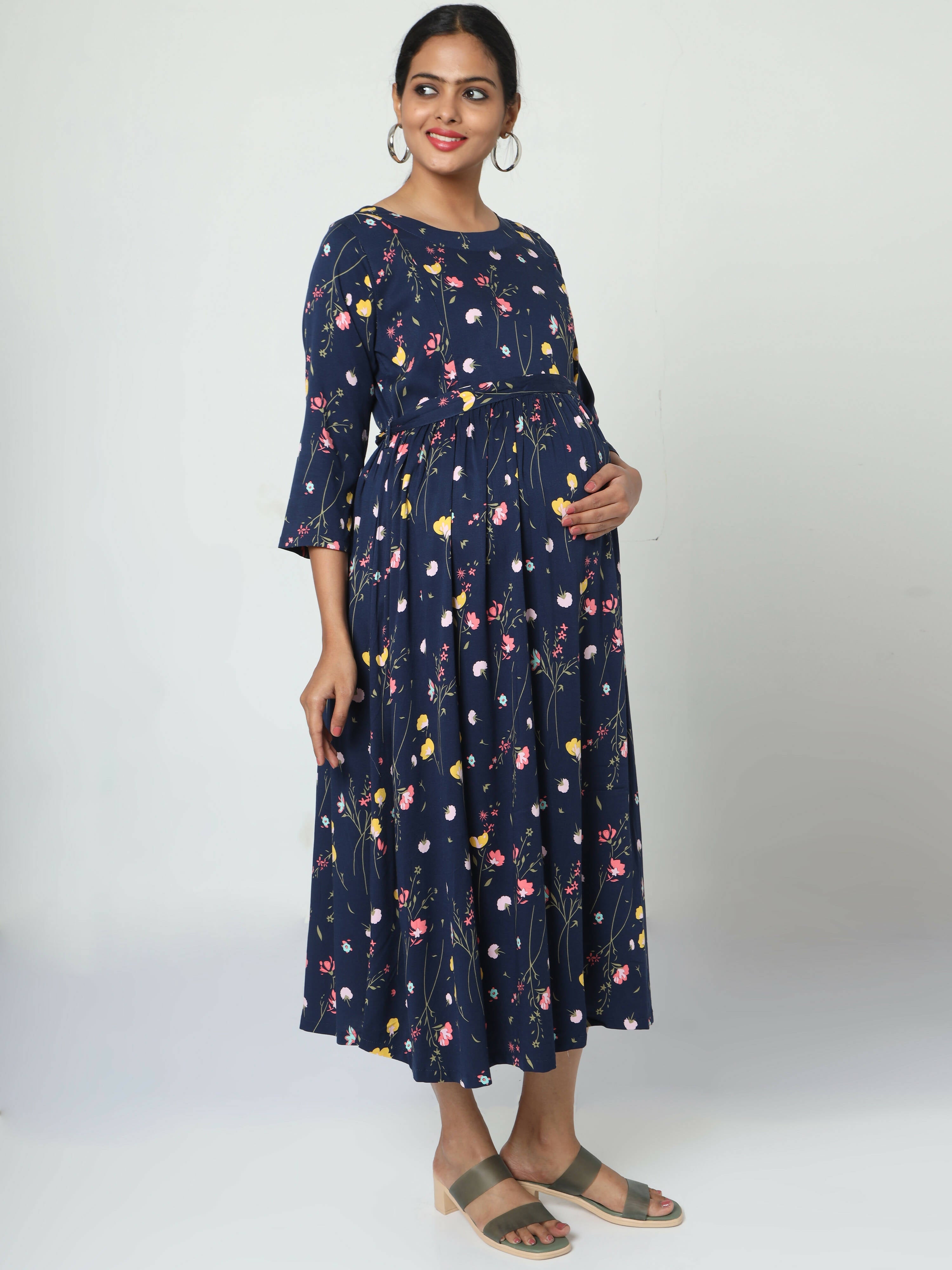 Manet Three Fourth Maternity Dress Floral Print With Concealed Zipper Nursing Access - Navy Blue