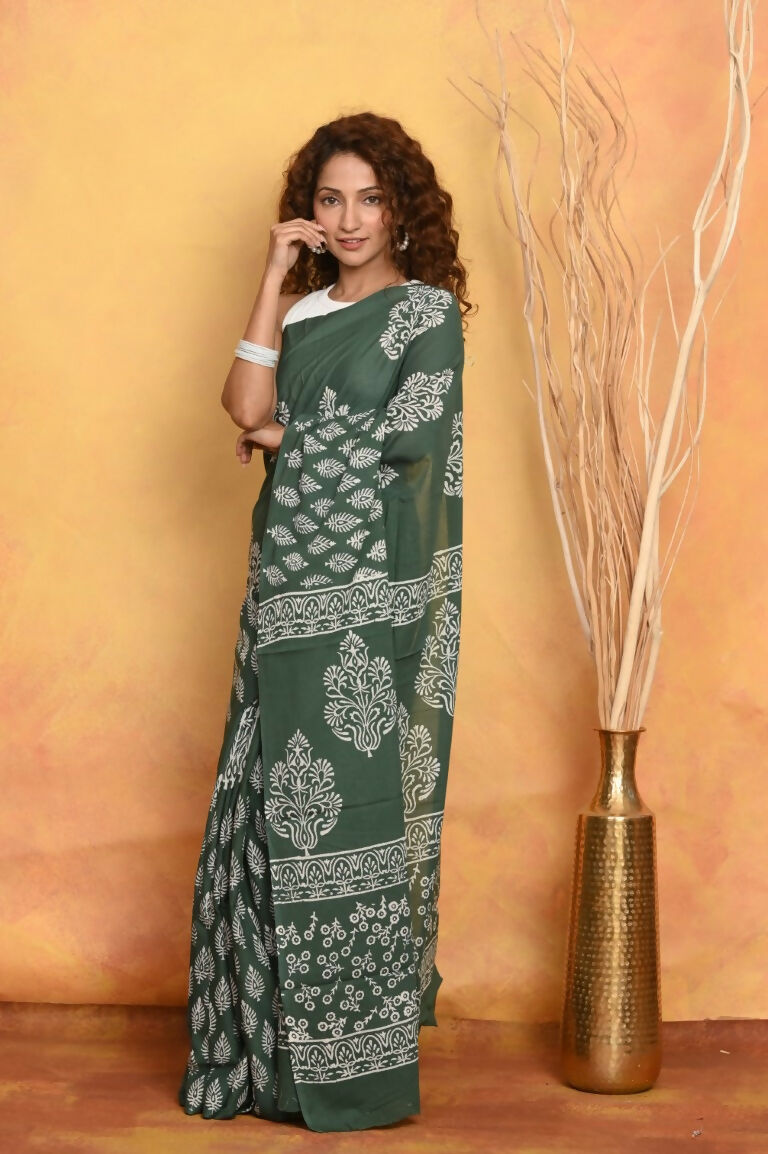 Very Much Indian Handblock Printed Cotton Saree With Natural Dyes - Green