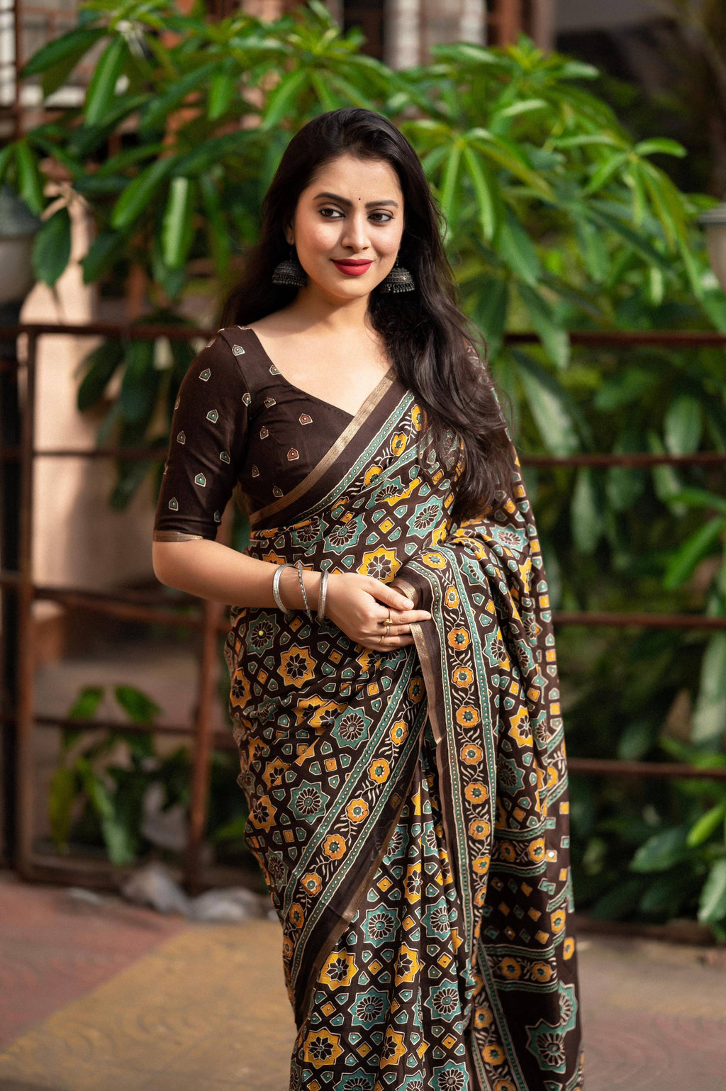 Coffee Cotton Blend Ajrak Saree with Unstitched Blouse - Hiral Fashion