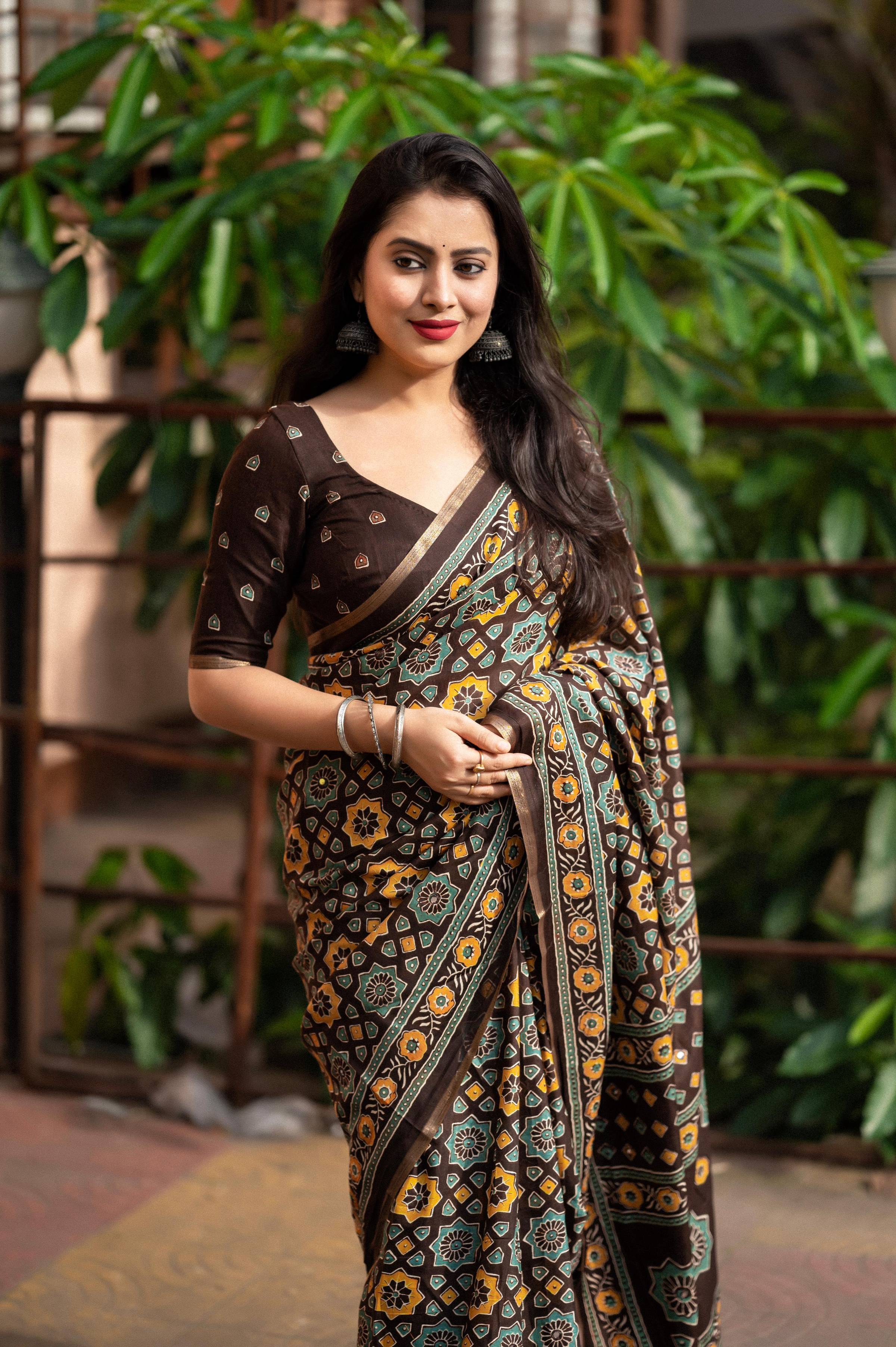 Coffee Cotton Blend Ajrak Saree with Unstitched Blouse - Hiral Fashion