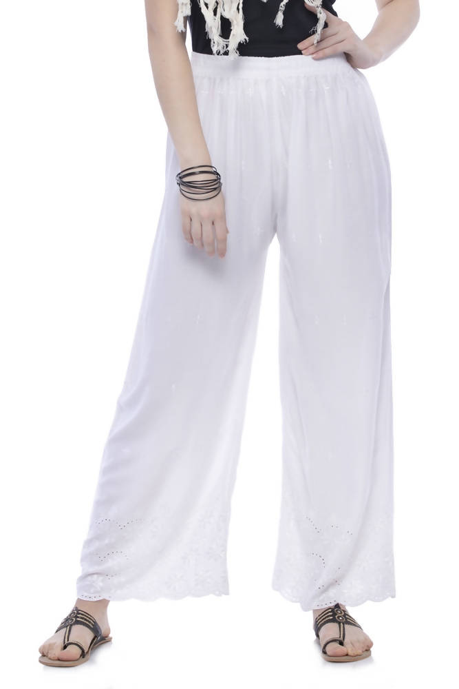 Mominos Fashion Rayon Cotton White Embroidery Chikan Palazzo