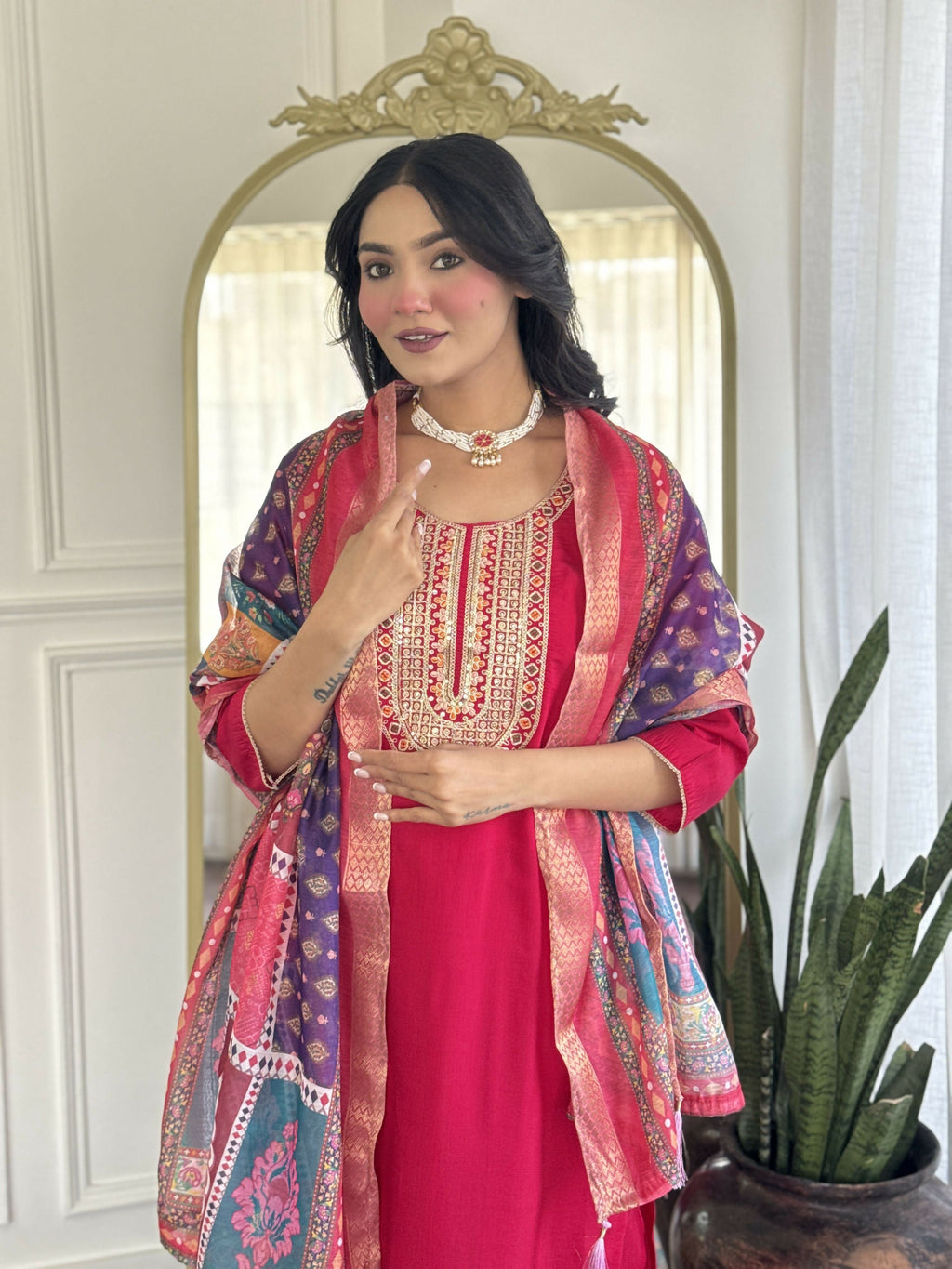 The52 Rani Gorgeous Embroidered Chanderi Silk Fabric Straight Kurta Pant with Dupatta Set