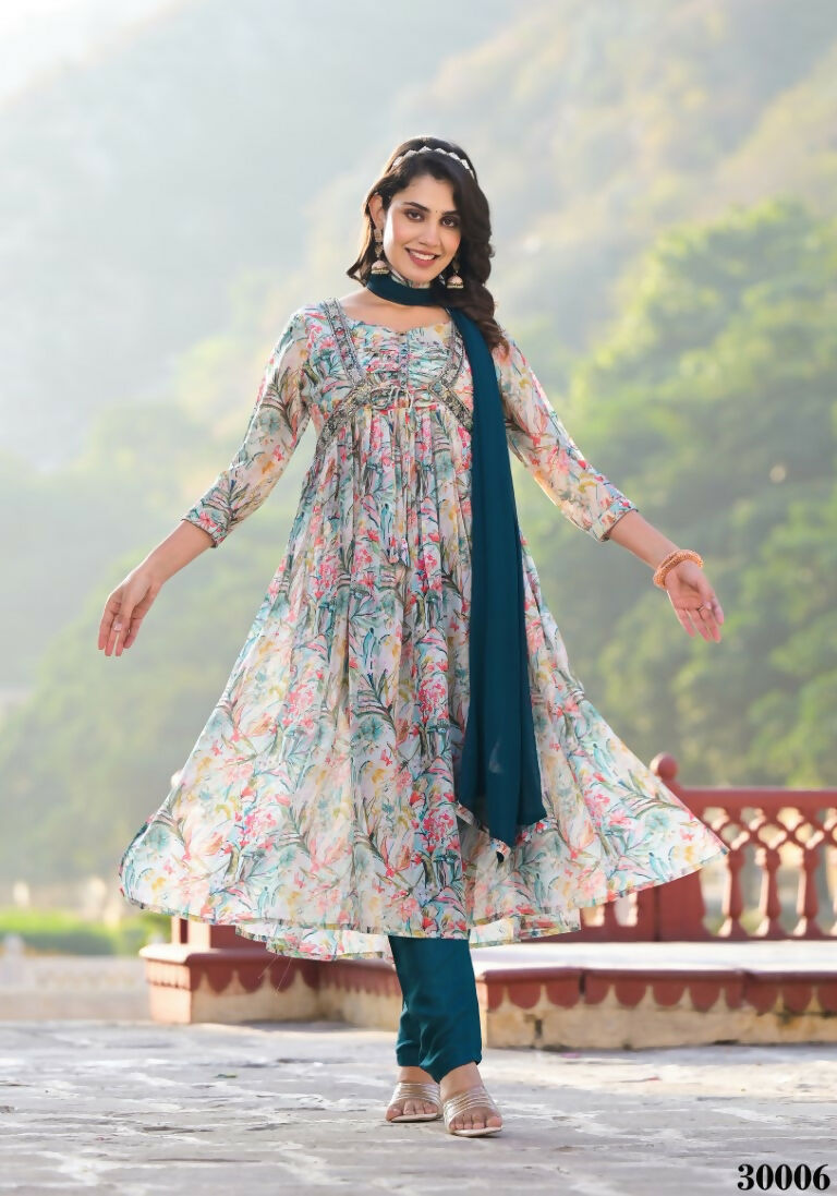 Designer Stylish Multi Slim Georgette Stitched Suit With Dupatta - Kiyara