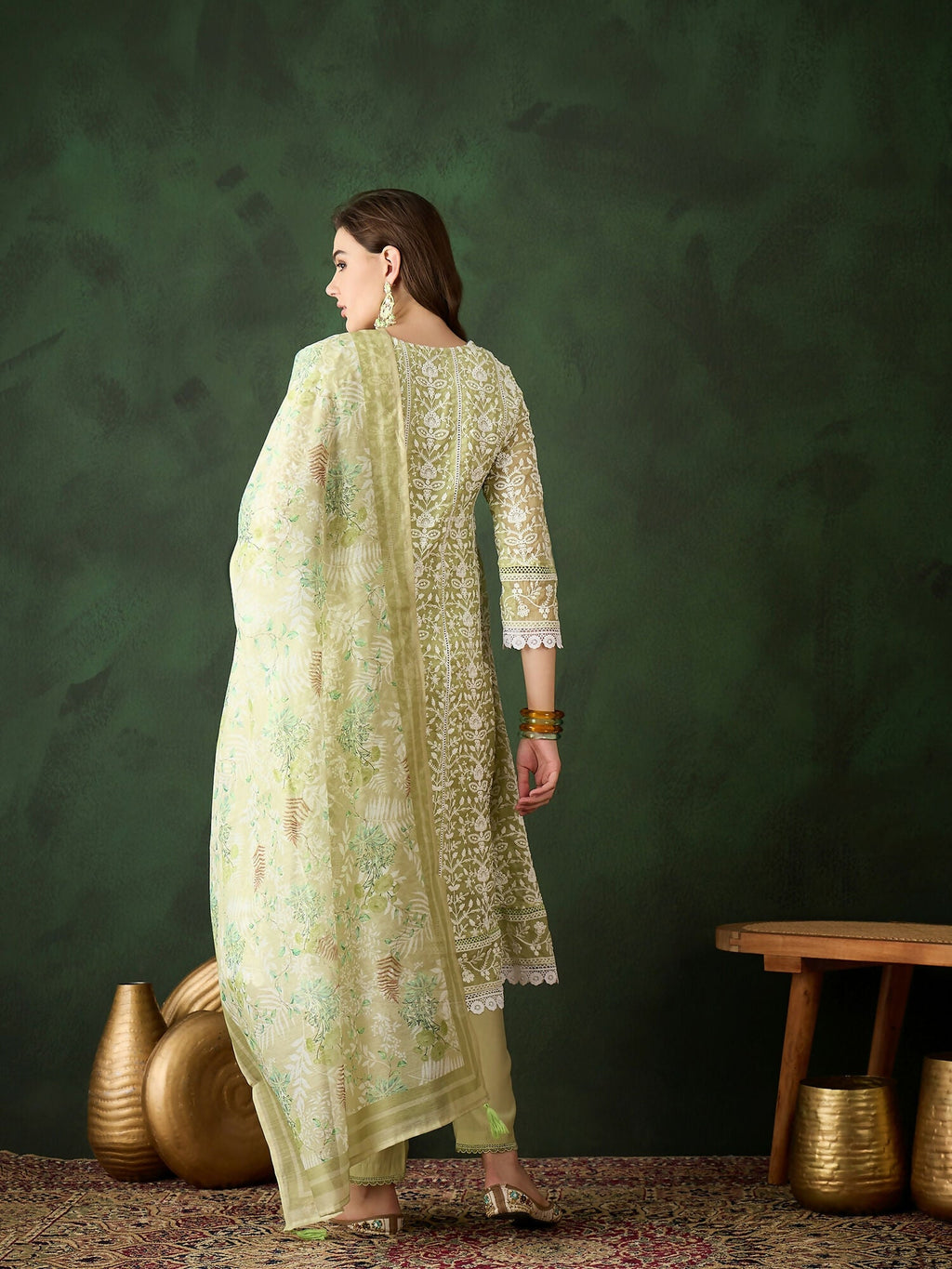Green Crystal Organza schiffli embroidery Kurta With Trouser & Dupatta - Bhumi