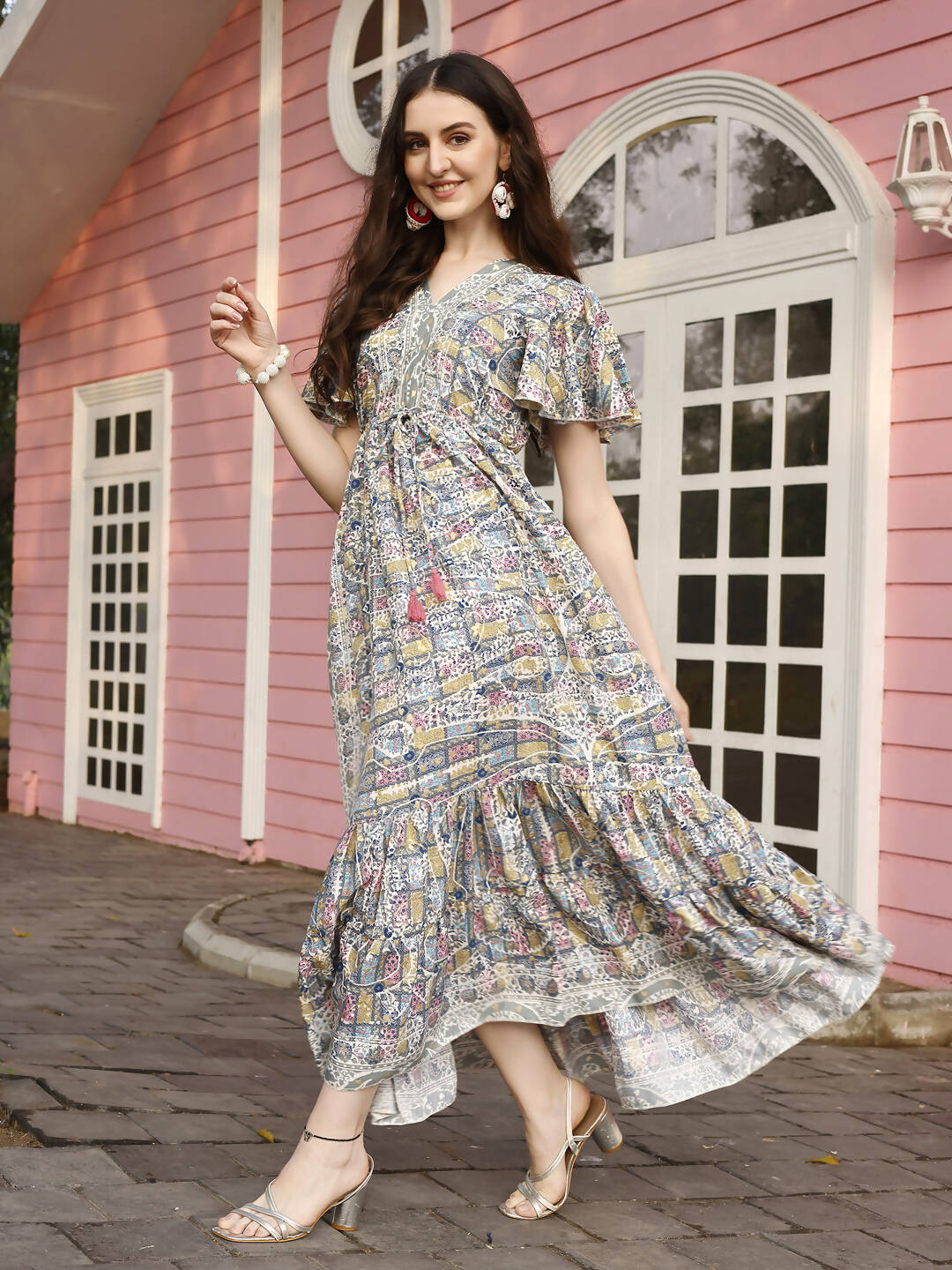 Green Rayon Foil Printed Long Dress - Michan