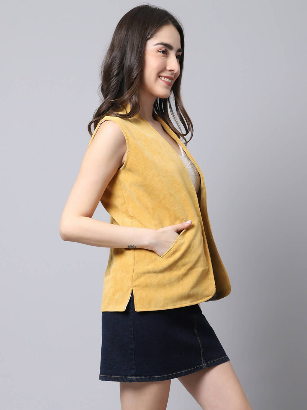 Even Apparels Mustard Polyblend Open Front Women's Waistcoat
