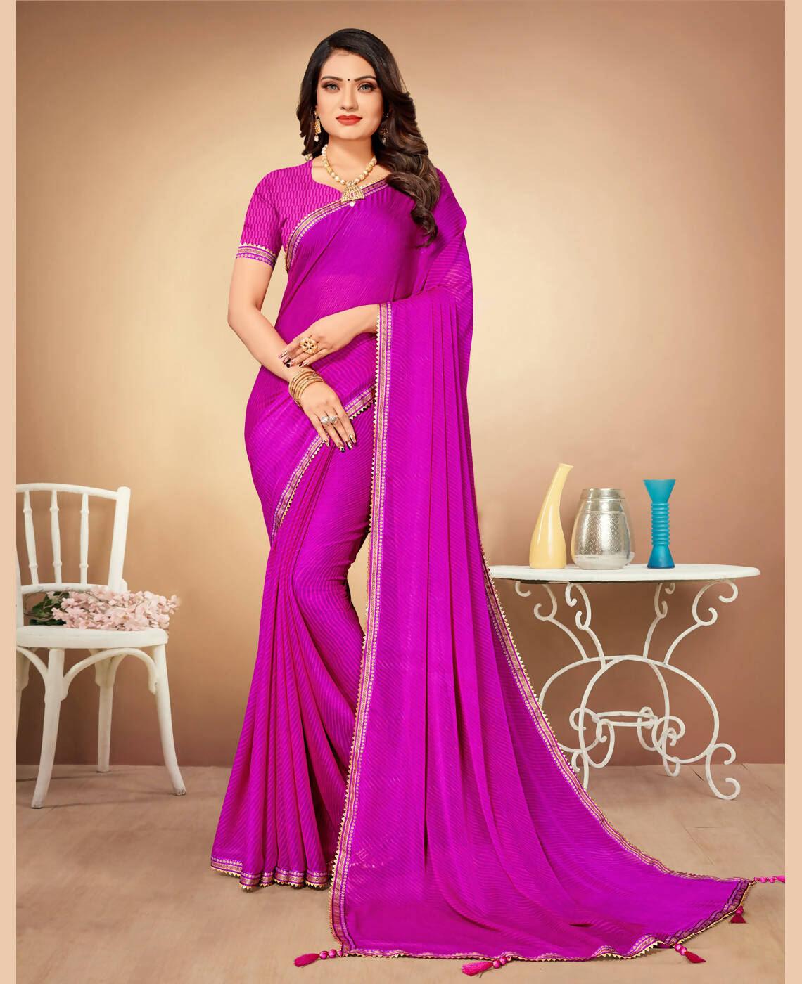 Purple Chiffon Leheriya Printed Saree With Unstitched Blouse Piece - Swarna