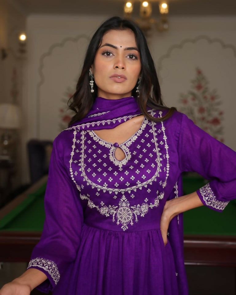 Jyoti Fashion Women's Purple Soft Silk Embroidered Designer Kurta Set
