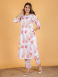 Aramya A-line Kantha Cotton Floral Print Women's Kurta - White