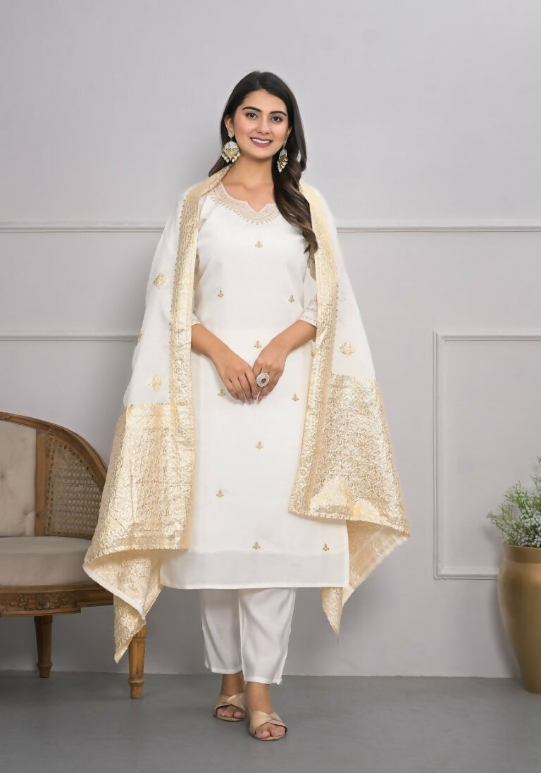 White Viscose Silk Embroidery with Thread and sequence Stitched Suit With Dupatta - Tanisha