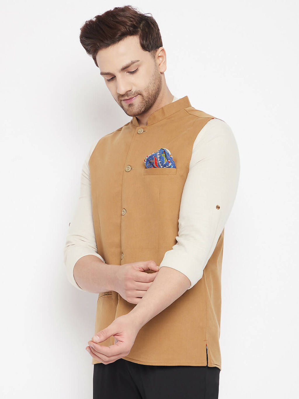 Even Apparels Brown Polyester Men's Nehru Jacket-Contrast Lining-Inbuilt Pocket Square