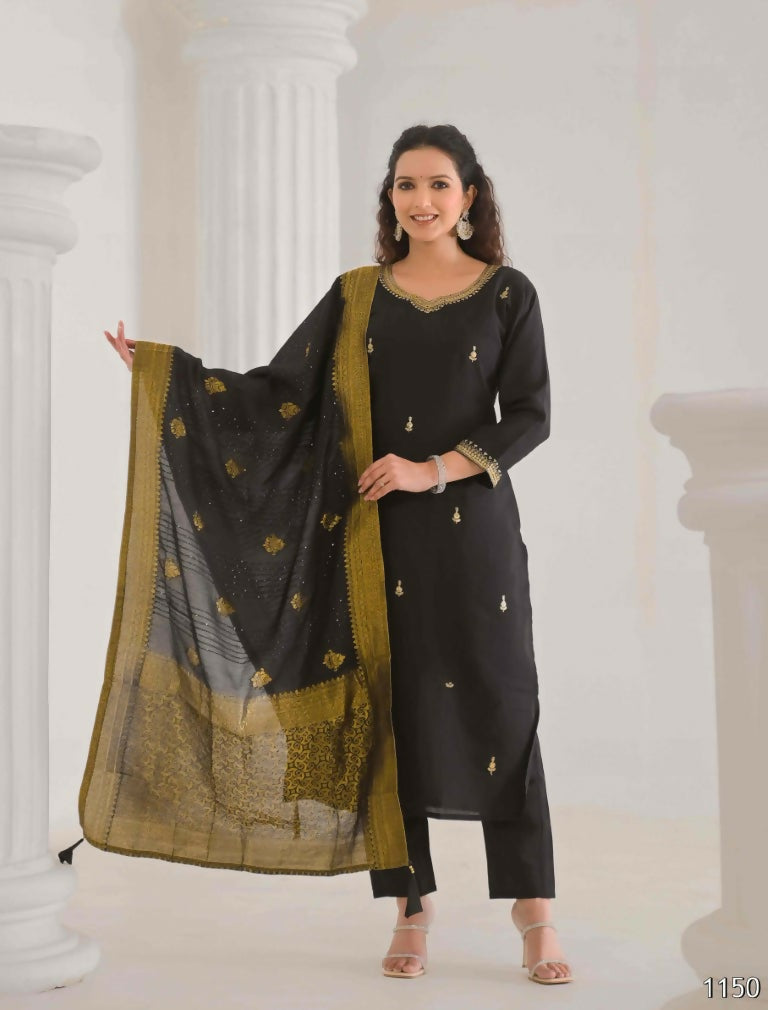 Ethnic Festive Wear Viscose Chanderi Black Stitched Suit With Dupatta - Tanisha