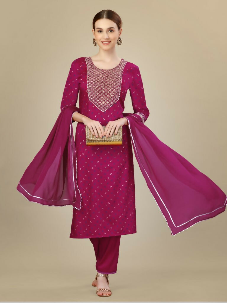 Jyoti Fashion Women's Rani Pink Silk Blend Embroidery & Sequence work Kurta with Trouser & Dupatta