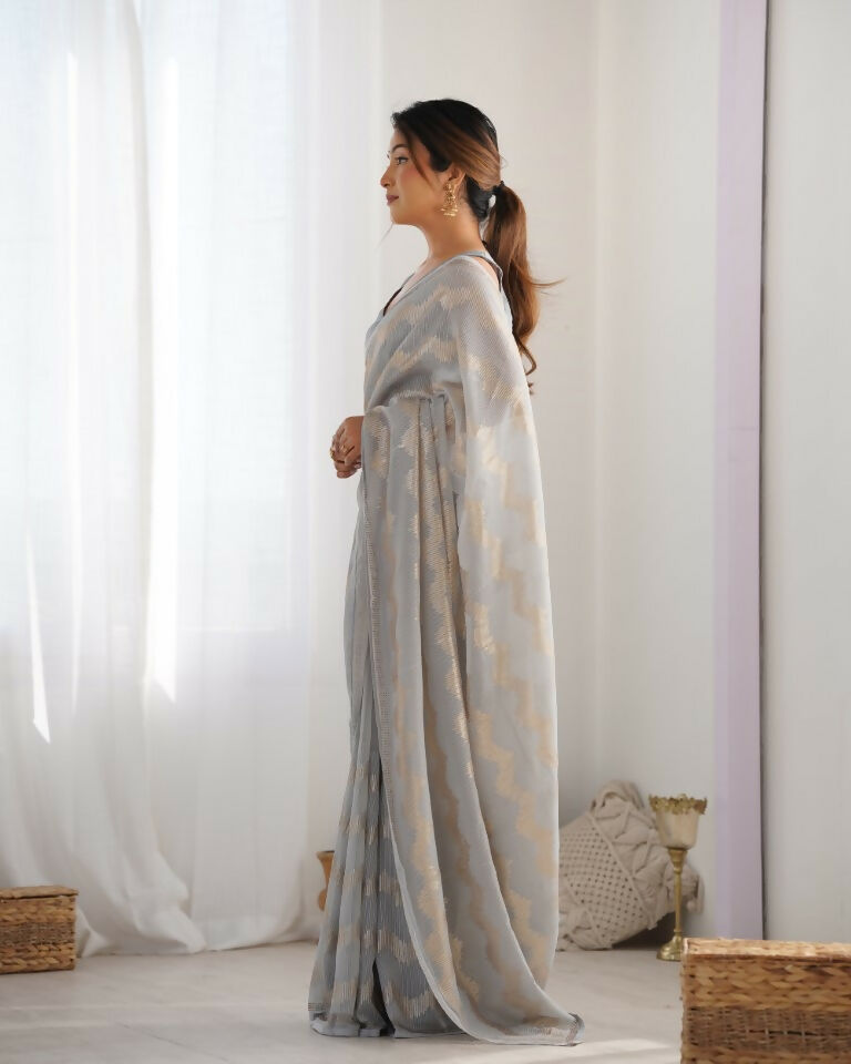 Grey Georgette Sequance Embroidery Work Border Saree - Sitare