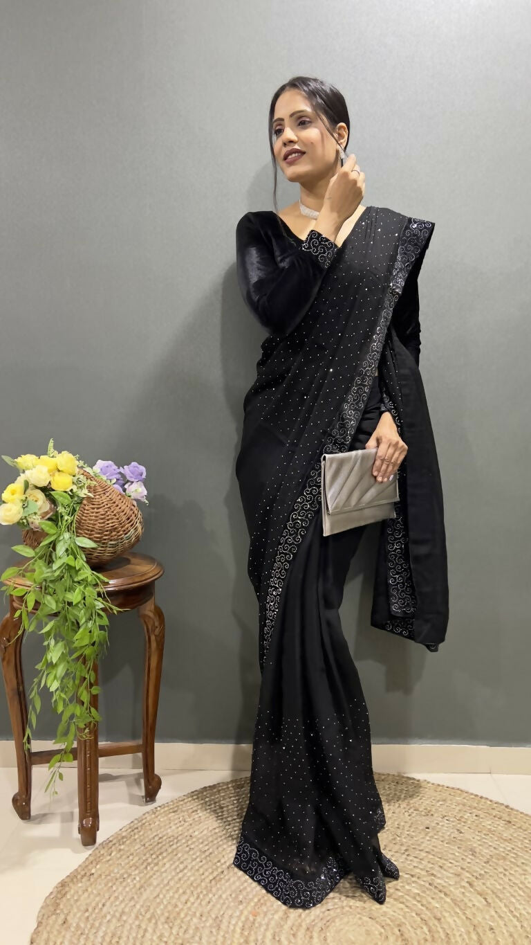 Vastranavya Black Rangoli Silk Swarovski work Ready to Wear Saree