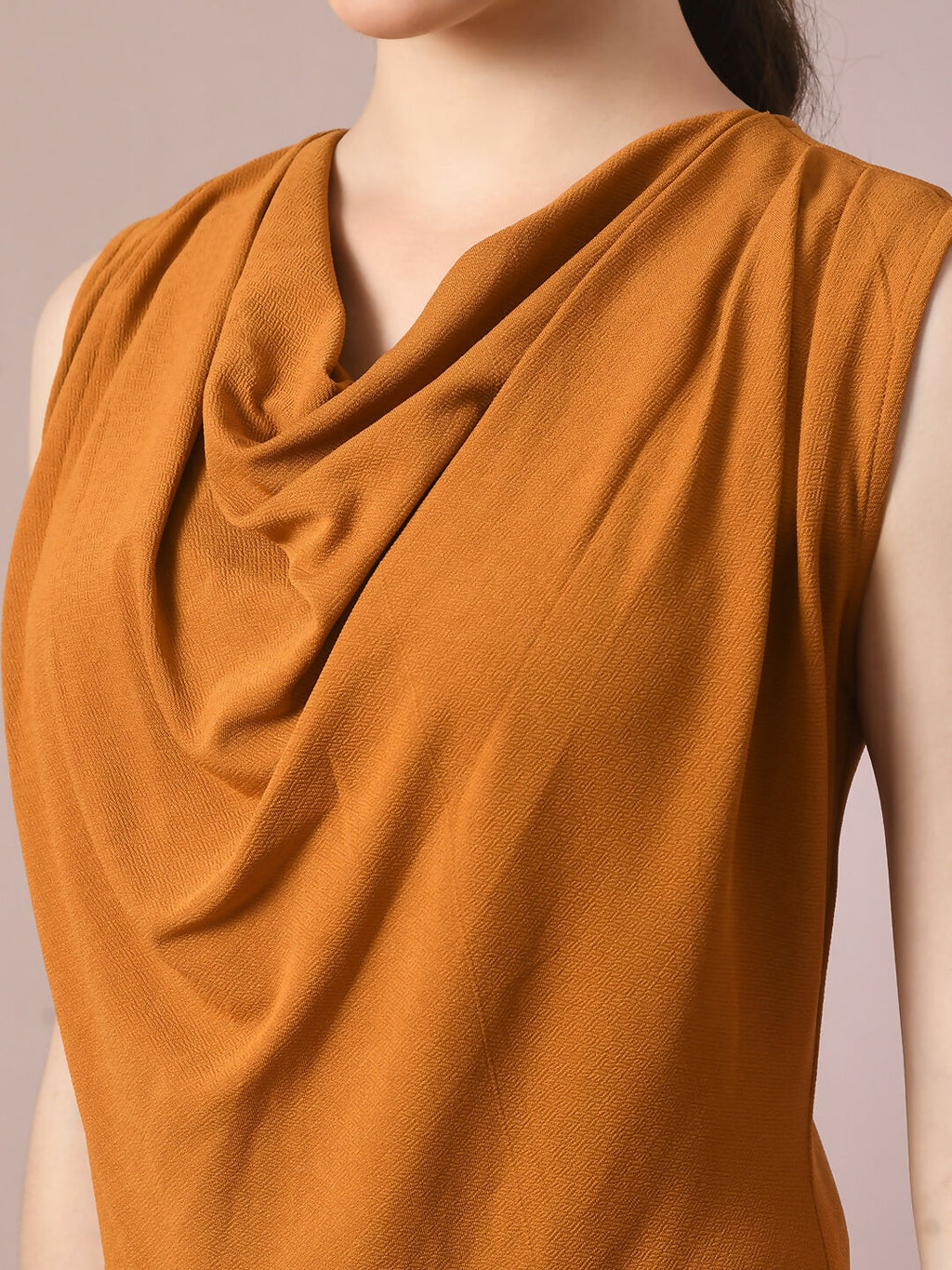 Myshka Women's Mustard Solid Cowl Neck Bodycon Party Dress