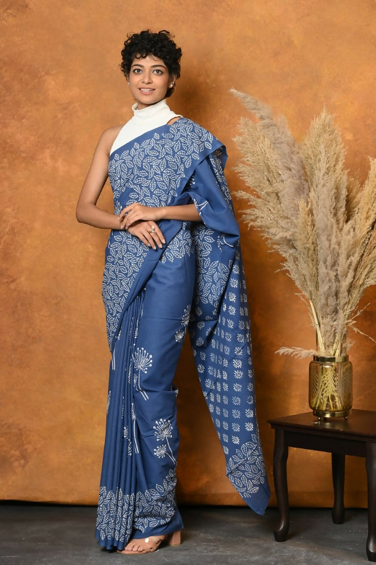 Very Much Indian Handblock Printed Cotton Saree With Natural Dyes - Cyan Blue