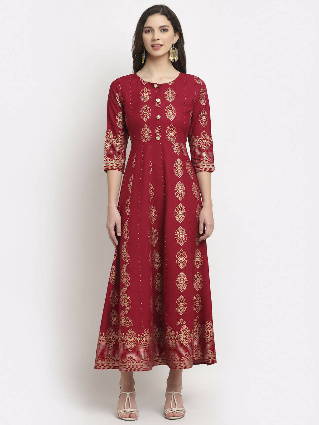 Rudra Bazaar Gold Printed Flared Anarkali Maroon kurti