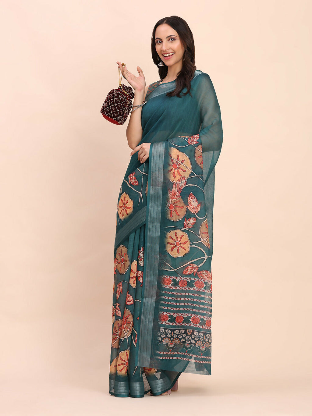 Shree Shyam Fashion Linen Cotton Teal Blue Saree