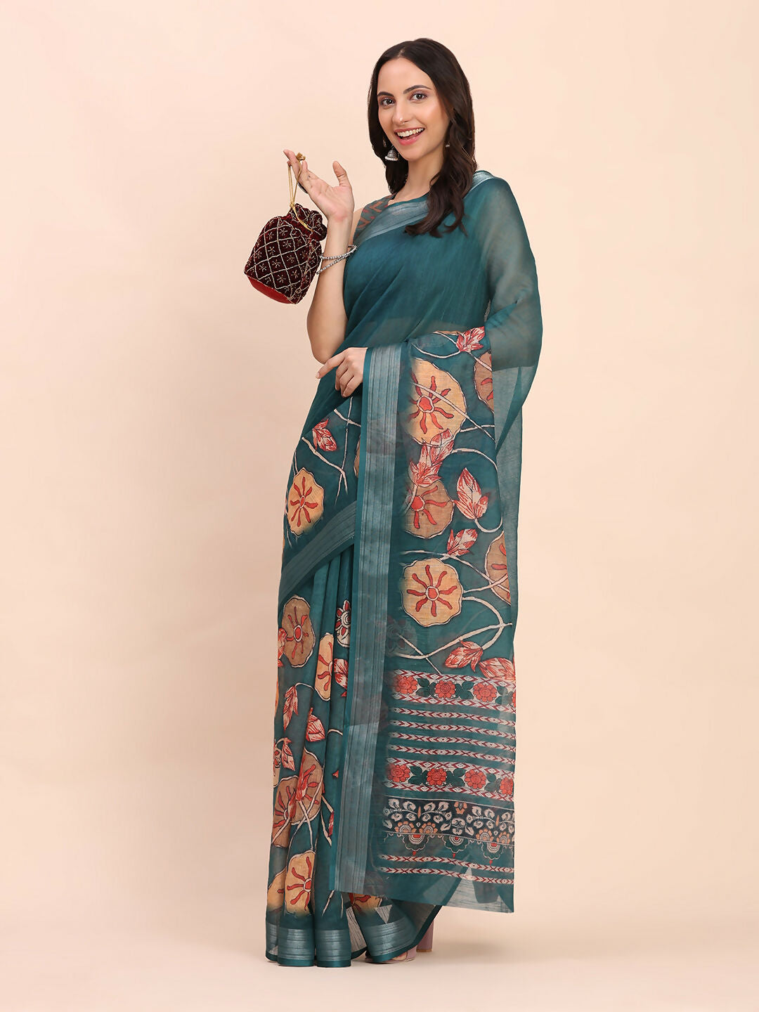 Shree Shyam Fashion Linen Cotton Teal Blue Saree