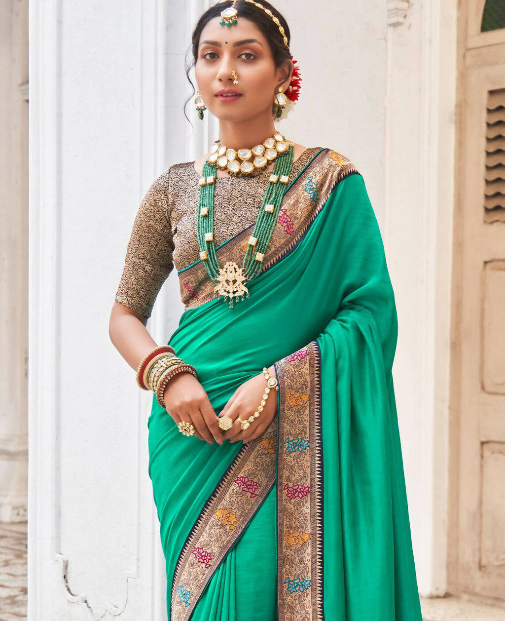 Sea Green Vichitra Solid Saree With Unstitched Blouse Piece - Juhi