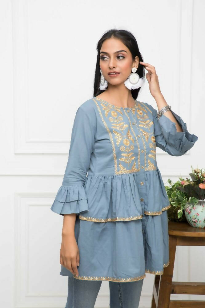 Myshka Women Grey Solid Round Neck Flared Sleeves Pure Cotton Top