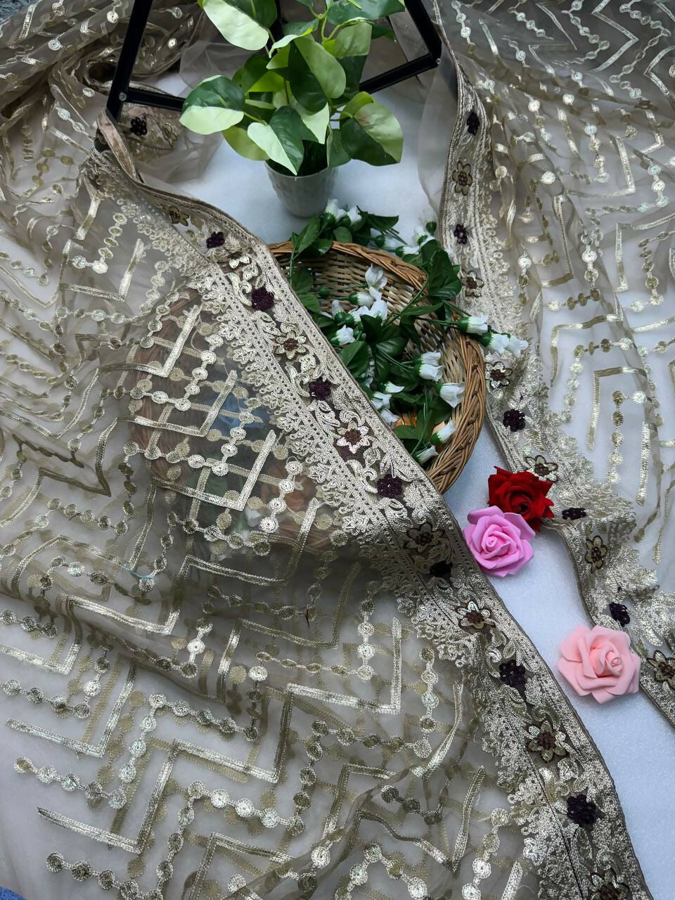 Vastranavya Butterfly Net Designer Chain Stitch Embroidery Work with Foil Thread & Stone Work Saree with Blouse Material - Beige