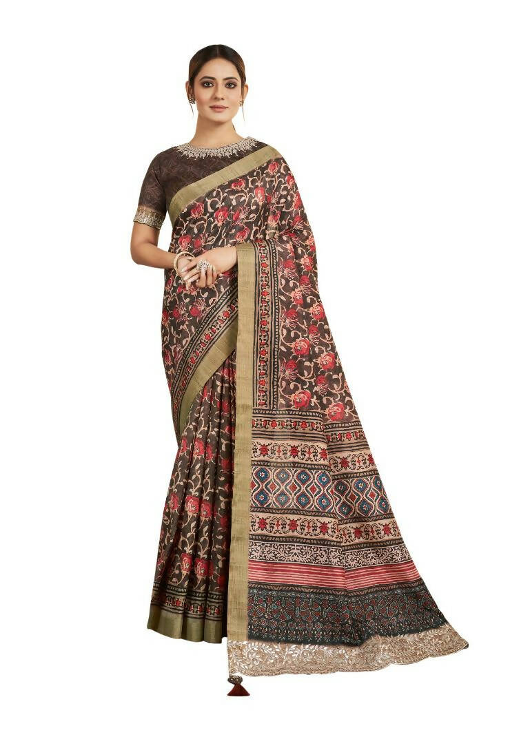 Brown Bhagalpuri Silk Floral Print with Hand work & Stone Work Border Saree - Norita Nirvi