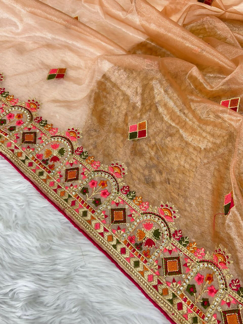 Vastranavya Twill Net Designer Embroidery & Colour Thread & Diamond work Saree with Blouse Material - Peach