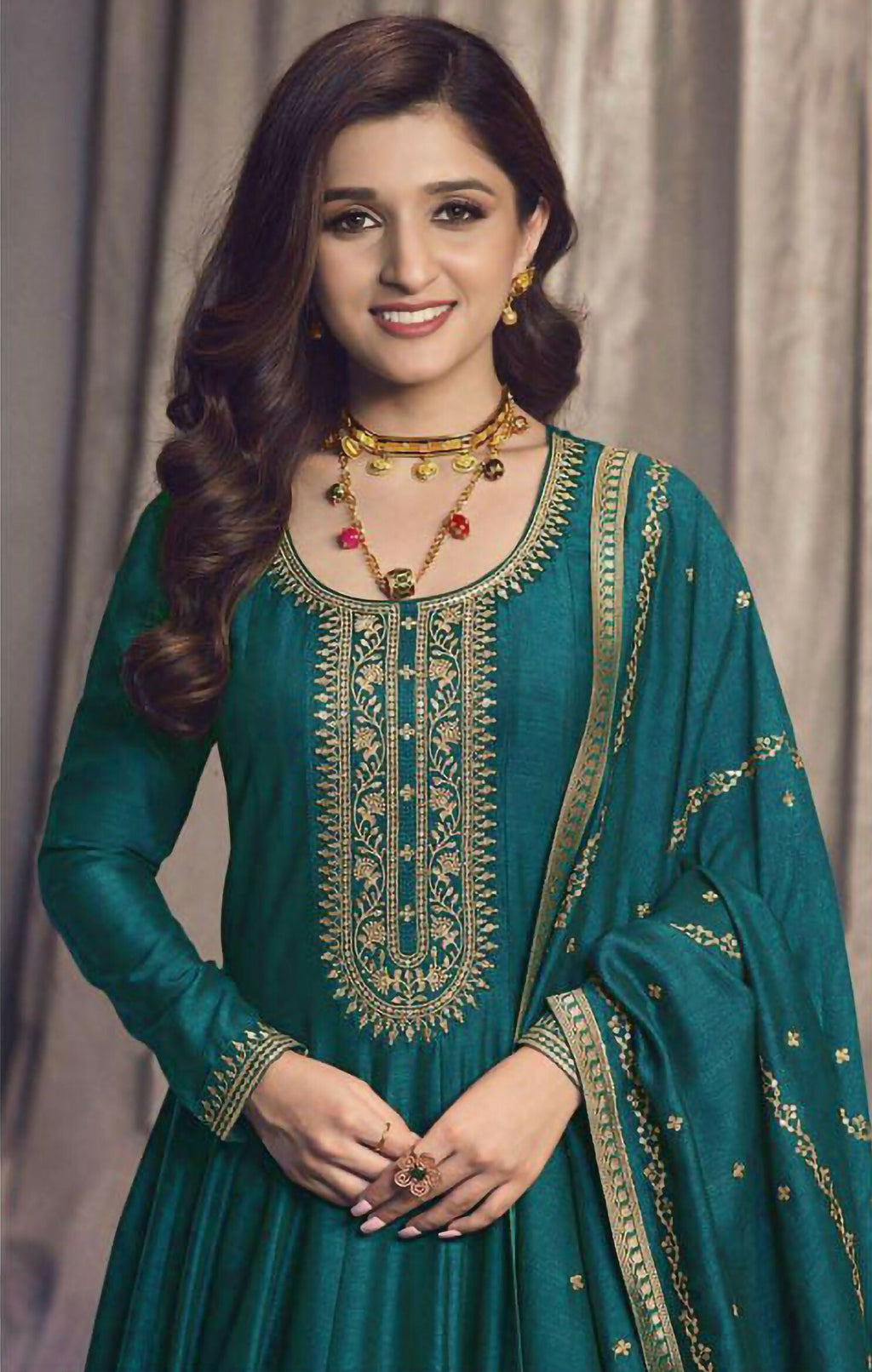 Vastranavya Nidhi Shah Teal Art Silk Embroidered Anarkali Suit