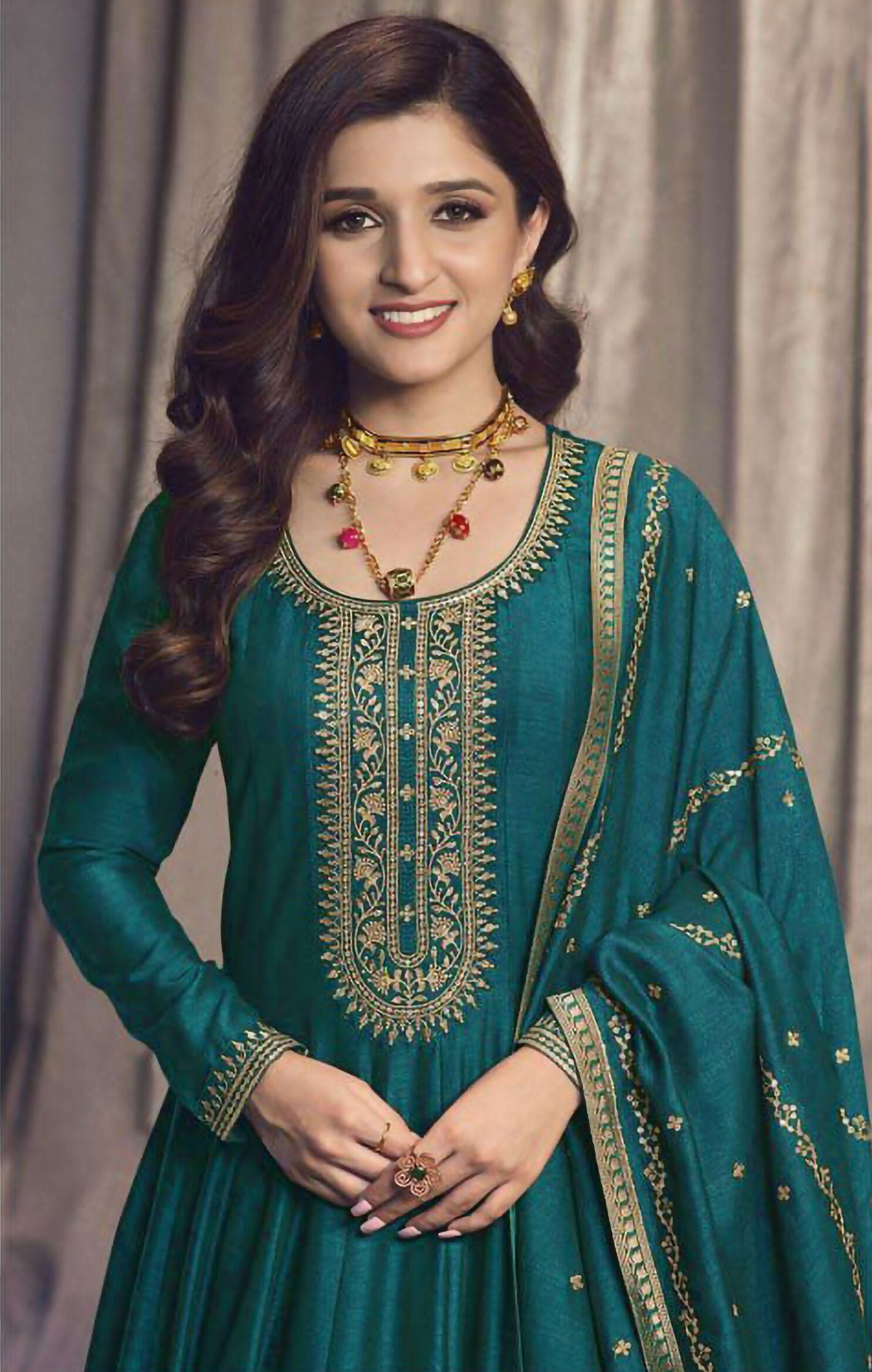 Vastranavya Nidhi Shah Teal Art Silk Embroidered Anarkali Suit