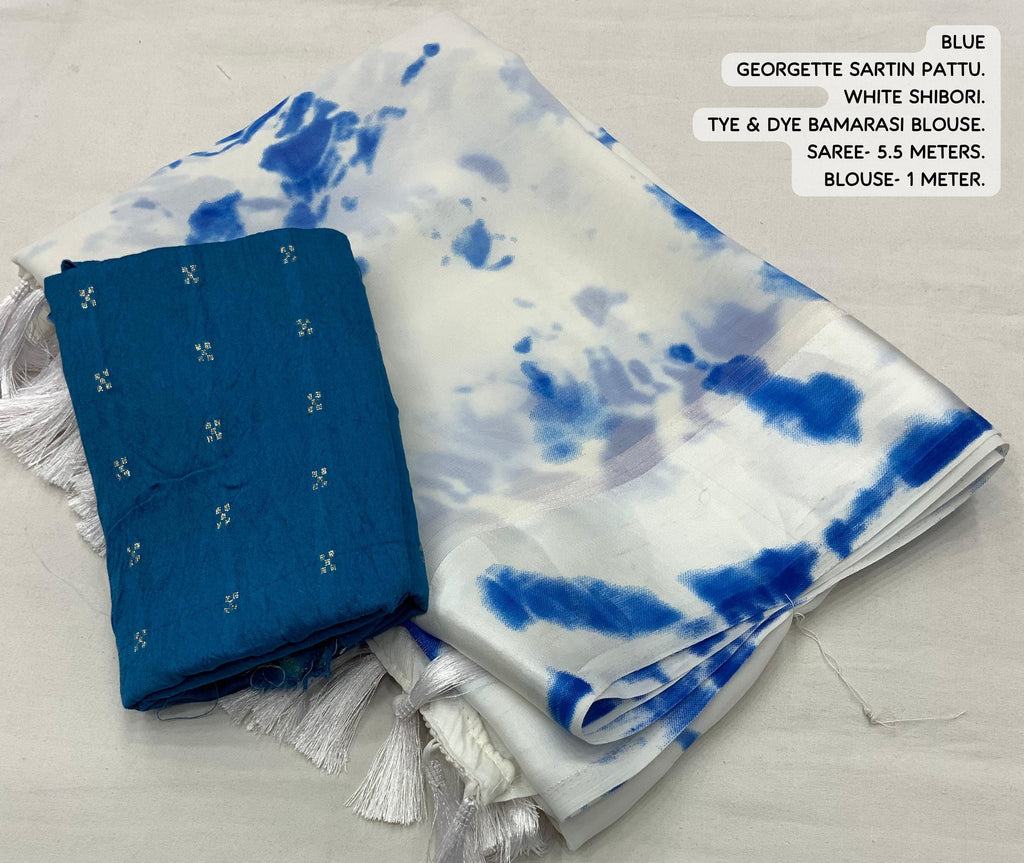 Blue Poly Georgette Tie and Dye Saree with Unstitched Blouse - Hiral Fashion